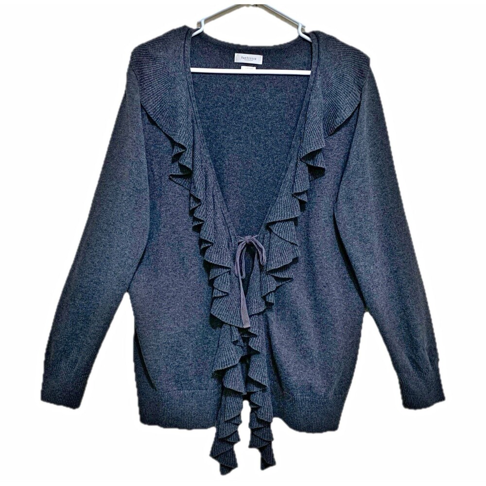 Van Heusen Cardigan Sweater Womens Size Large Ruffle Tie Knit Long Sleeve